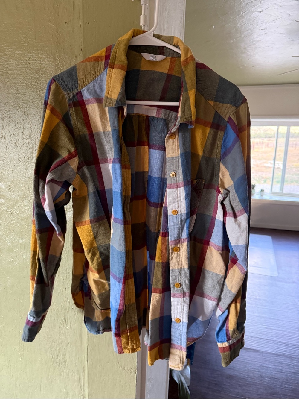 Time and Tru Yellow, Blue & Burgundy Plaid Button-Down Shirt